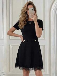 Vestido mini elegante y chic de mujer con unicolor, decoración de botones y encaje en la cintura, para el verano - Negro - Ver 6