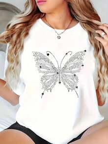 Plus Size Women's Blouse With Round Neck And Short Sleeves, Butterfly Design With Rhinestones - Elegant White Summer Shirt With Sparkling Geometric Design, Casual Machine Washable Blouse Y2k T-Shirt Shirt - 黑色 - 查看 1