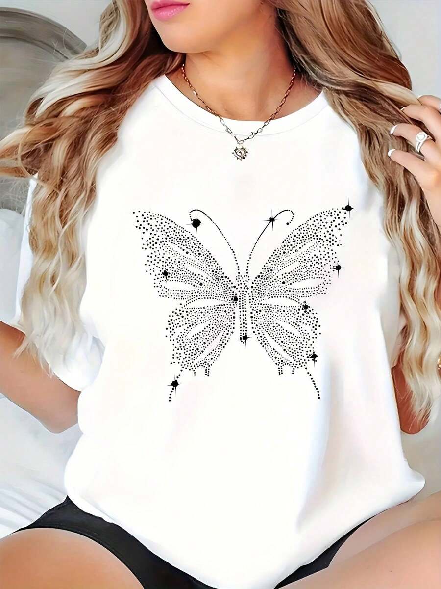 Plus Size Women's Blouse With Round Neck And Short Sleeves, Butterfly Design With Rhinestones - Elegant White Summer Shirt With Sparkling Geometric Design, Casual Machine Washable Blouse Y2k T-Shirt Shirt - 黑色 - 查看 1