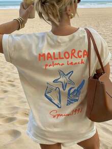 Conjuntos de Vacaciones Tropicales 2026, Nueva Moda Sencilla de Verano, Camiseta Blanca de Manga Corta con Cuello Redondo y Estampado de Ondas de Surf, Top Versátil y a la Moda para Mujer en Rosa, Tops de Verano Holgados y Cómodos, Ropa de Verano - Estilo Urbano Vintage, Camiseta Unisex de Manga Corta de Algodón con Cuello Redondo, blusas para mujer, playeras de mujer, blusas casuales para dama. - Albaricoque 2 - Ver 1