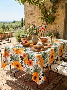 1pc Summer Floral Cactus Print Tablecloth Rectangular Table Cover Waterproof Polyester Fabric Tablecloth Boho Farmhouse Style Bright Orange Flower Green Cactus Pattern Table Cloth - Multicolor - View 3