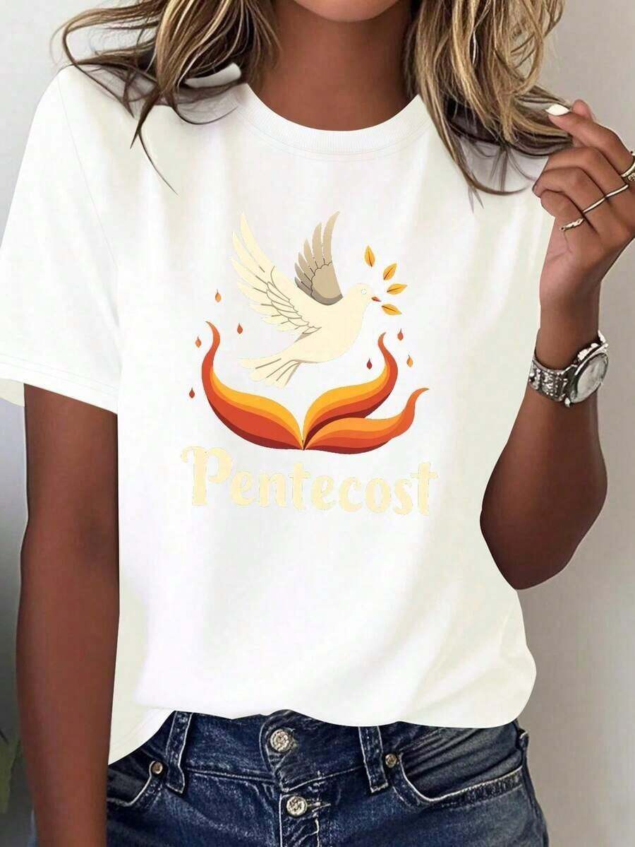 Women's Solid Color T-Shirt With Dove And Flame Design Of Pentecost - Platinum Faith Design, With Pentecost Symbol In Greek Script, Casual Church Attire, Religious Clothing, Breathable All-Season T-Shirt, Casual Women's T-Shirt. - 白色的 - 查看 1