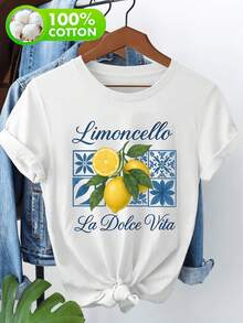A 100% Cotton Outdoor Themed T-Shirt, Designed For Women, With Short Sleeves, A Casual Sweet Lemon Wine Print And A Comfortable Round Neck. - White - View 6