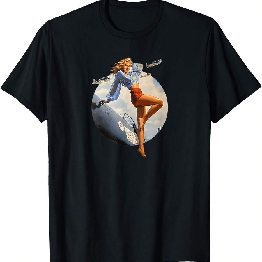 Pin Up Girl Blonde Air ForceA In WW2 40's T-Shirt - Black - View 1
