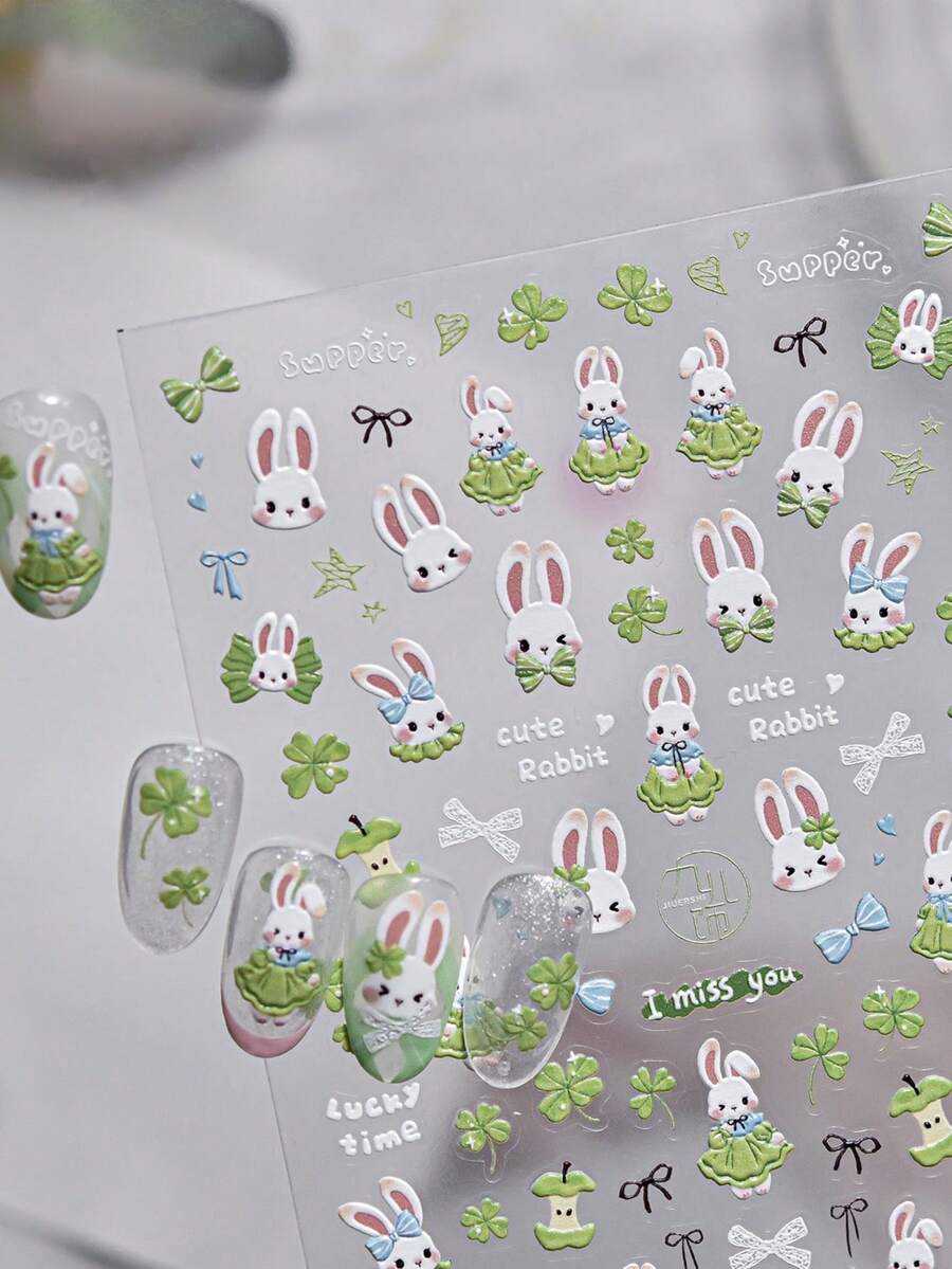 1 Piece Of Spring Green Dress Rabbit 5D Relief Nail Sticker Clover Green Apple Blue Bow Fresh Garden Style Self-Adhesive Nail Art Sticker - Multicolor - View 1