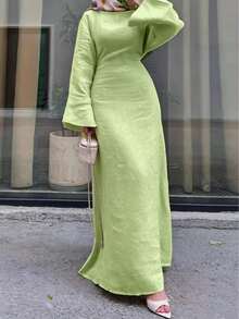 Women's Casual Elegant Solid Color Muslim Long Robe Dress, Slim Fit Long Dress Suitable For All Seasons And Vacation - Green - View 1