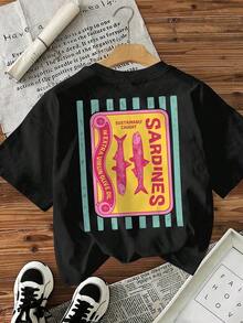 New Spring/Summer 2026 Collection: Women's Short Sleeve T-Shirt With Graphic Print Of "Shape Captured" Sardines, Vintage Casual Style, Suitable For Casual Daily Wear, Cool Summer Clothes In White. - 黑色 - 查看 3