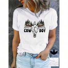 Women's Custom Casual Denim Print T-Shirt - 100% Cotton - Unisex Vintage Urban Style, Loose Fit Short Sleeve Cotton Crew Neck T-Shirt - 白色 - 查看 1