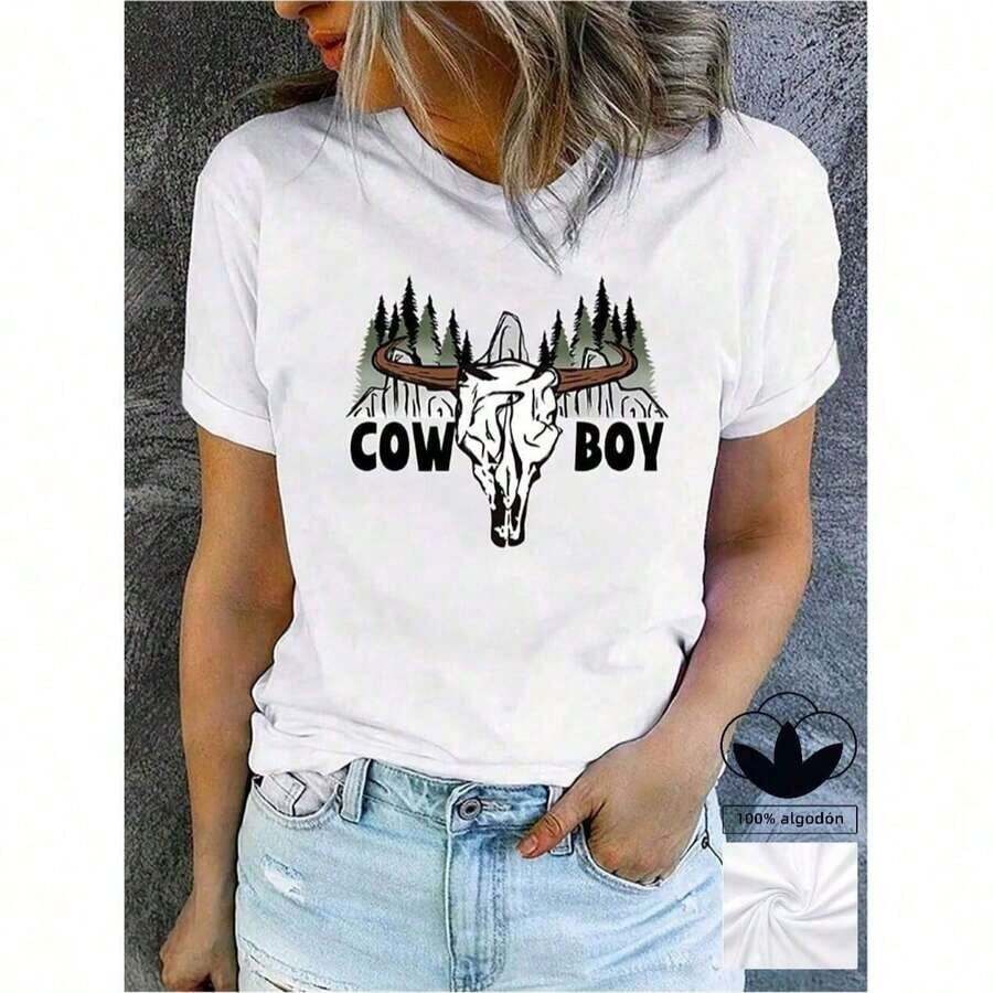 Women's Custom Casual Denim Print T-Shirt - 100% Cotton - Unisex Vintage Urban Style, Loose Fit Short Sleeve Cotton Crew Neck T-Shirt - 白色 - 查看 1