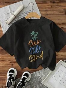 Short-Sleeved, Casual, And Versatile T-Shirt. Women's Short-Sleeved T-Shirt With A Round Neck, Printed With A Sun, Salt, Sand, And Palm Tree Motif. Short-Sleeved, Casual, And Versatile T-Shirt. Classic Design, Perfect For Everyday Casual Wear. - 黑色 - 查看 7