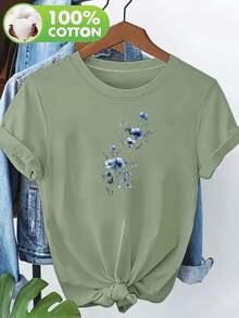 Women's Plus Size High Quality Pure Cotton T-Shirt With Plum Blossom Print, Round Neck, Short Sleeve, Comfortable For Home, Ideal For Summer. - 白色 - 查看 8