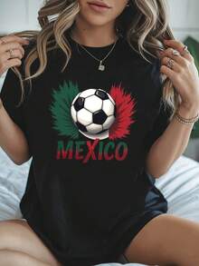 Women's Mexico T-Shirt - Short Sleeve Top With National Print, Spring And Summer Casual Wear, Soccer Gift, Machine Washable - 黑色 - 查看 1