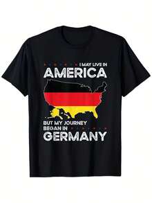 T-shirt patriotique héritage allemand-américain - Motif drapeaux des États-Unis et de l'Allemagne avec le slogan "Je vis peut-être en Amérique, mais mon parcours a commencé en Allemagne" - Tissu respirant en polyester 180g, coupe régulière S-XXXL, T-shirt à col rond imprimé décontracté, idéal comme cadeau. - Noir - Voir 6