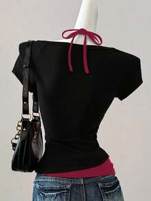 Camiseta de mujer casual de cuello en V retro, con atar, de manga corta y contraste de color, adecuada para el verano - Negro - Ver 2