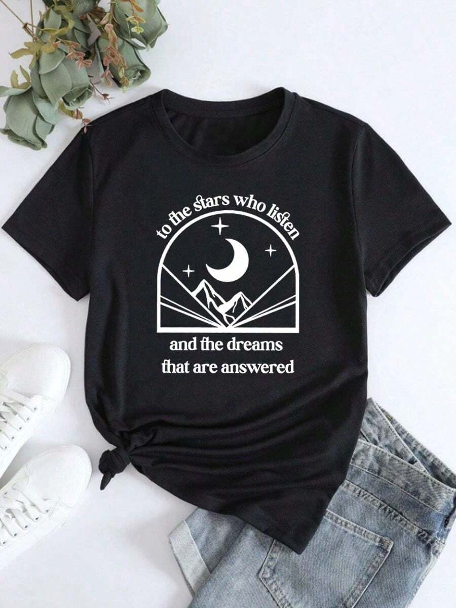 Women's Short-Sleeved, Round-Neck T-Shirt With Moon Print - 黑色 - 查看 1