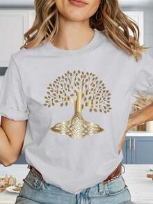 Women's High-Quality, Comfortable And Stylish T-Shirt, Y2K Style, With Geometric Logo Print "Golden Celtic Tree Root System" - Slim Fit Short Sleeve T-Shirt, Black And Gold, Casual Summer Wear, Machine Washable Stretch Fabric (Wrinkle-Resistant), Suitable For Casual And Layering Wear, New 2026 Collection - 100% Breathable Cotton - 白色 - 查看 12
