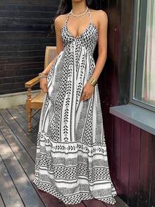 Vestido maxi con escote en V profundo, cuello halter, espalda descubierta y cintura con lazo, con lunares negros, estilo sexy y elegante europeo y americano, adecuado para primavera/verano y vacaciones en la playa - Blanco y Negro - Ver 6