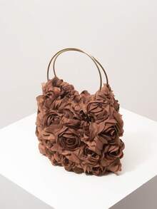(Zufälliges Muster) Damenhandtasche, Blumenmuster, Metallring, Abendnacht, Partyoutfit, Abschlussballtasche, Abschlussballzubehör, Hochzeitsbedarf, elegante Damenbörse, Damengeschenk - Braun - Übersicht 6