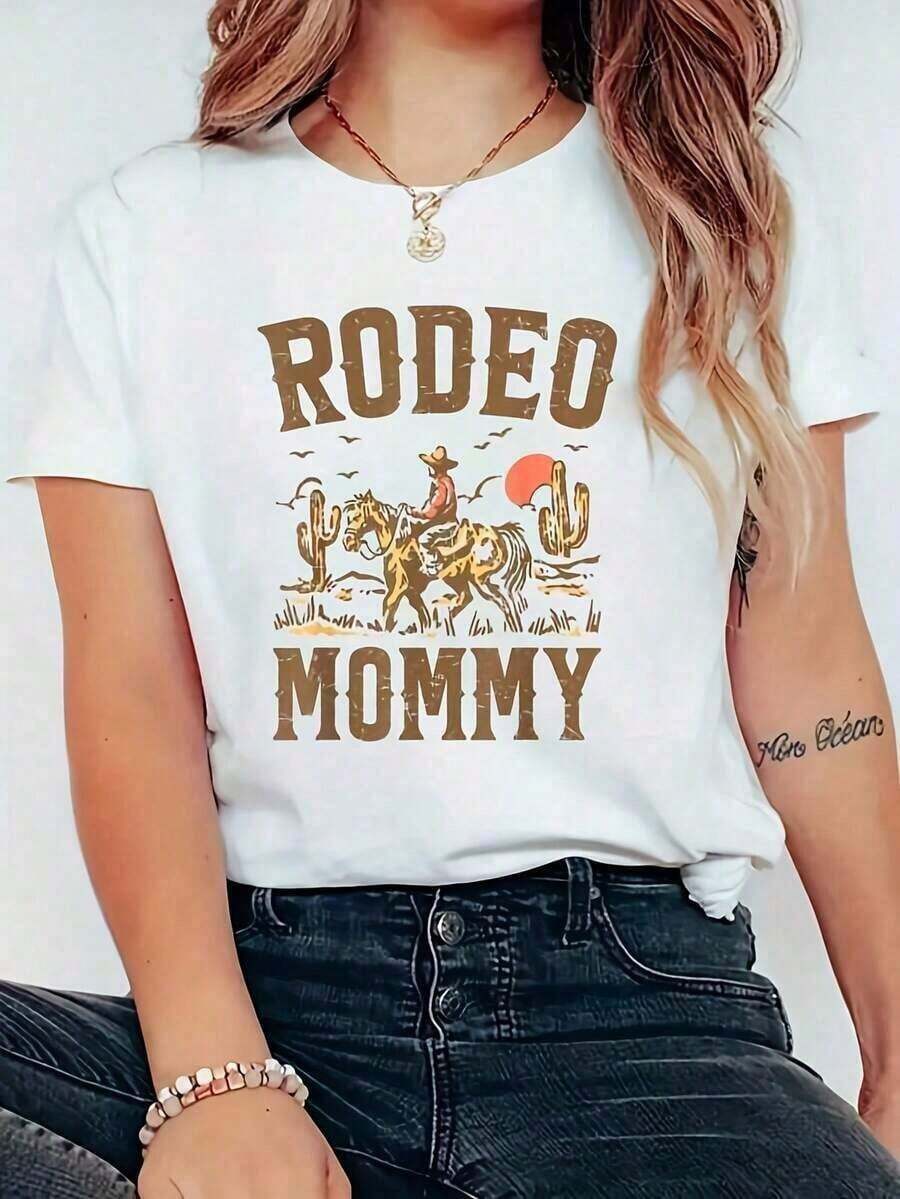 Short Sleeve Denim Tee With Cowgirl Print For Women - Soft, Breathable, Lightweight, Short Sleeve, Crew Neck, Cactus And Horse Print, Unisex Style, Suitable For Western-Themed Birthday Party Outfits, Matching Family Sets, Casual Summer And Spring Tops (Size M). Suitable As A Gift. Women's T-Shirt. Blouses > Elegant Leisure - 白色 - 查看 1