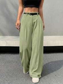 Pantalones de pierna ancha con cinturón de talle alto, perfectos para el tiempo libre, primavera/otoño, con botón, bolsillo y cremallera, de pierna recta natural, pierna ancha, sueltos y negros, para uso casual diario. - Fresh Green - Ver 3