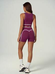 UONNOU Bộ đồ thể thao yoga/thể dục không đường may dành cho nữ, gồm 2 món: áo croptop không tay buộc dây phối màu tương phản và quần short cạp cao, thích hợp cho mùa xuân/hè. - Màu tím - Xem 10