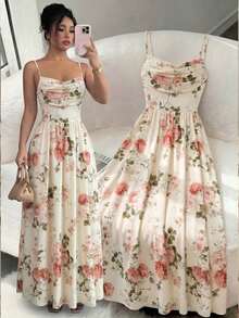 Vestido elegante y romántico de mujer con tirantes de espagueti, cintura ceñida y fluido de gasa, adecuado para invitados de boda, reuniones de hermanas - Multicolor - Ver 9