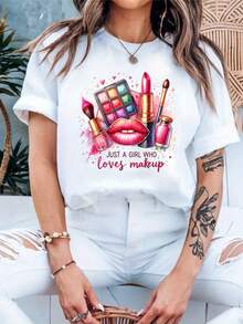 A Printed T-Shirt For Makeup Lovers, With A Casual Round Neck And Short Sleeves, Ideal For Spring And Summer, Comfortable And Breathable, Perfect For All Seasons, Women's Sportswear - [白色的] - 查看 3