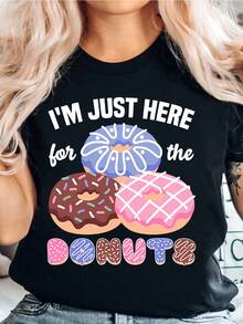 Camiseta casual holgada de verano con un divertido estampado de dona - Negro - Ver 7