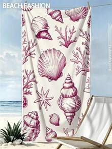 夏季速干吸水超细纤维沙滩巾 | 70*140cm/90*180cm 可选 | 插画风格 白底红贝壳图案印花 | 便携式游泳/浴巾，可选配收纳袋，适用于沙滩、浴室、露营、健身、旅行 - 白色 - 查看 7