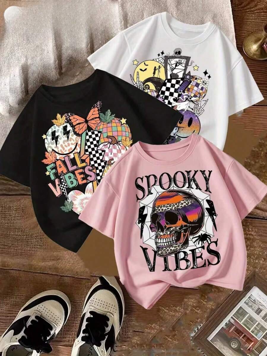 Nueva camiseta de moda para mujer, estampado de calavera con cara sonriente estilo oscuro, cuello redondo, camiseta de talla grande, de algodón puro para verano, holgada y estilizadora, entrega local, top casual a la moda, estilo casual, cuello redondo, ligeramente elástica. - Blanco - Ver 1
