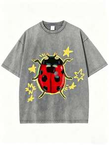 Washed Grey Unisex Tee, Star & Ladybug Print, Vintage Distressed Style, Premium Fabric, Summer Graphic Top, Ideal For Daily Wear & Holiday Gifts - 灰色 - 查看 13