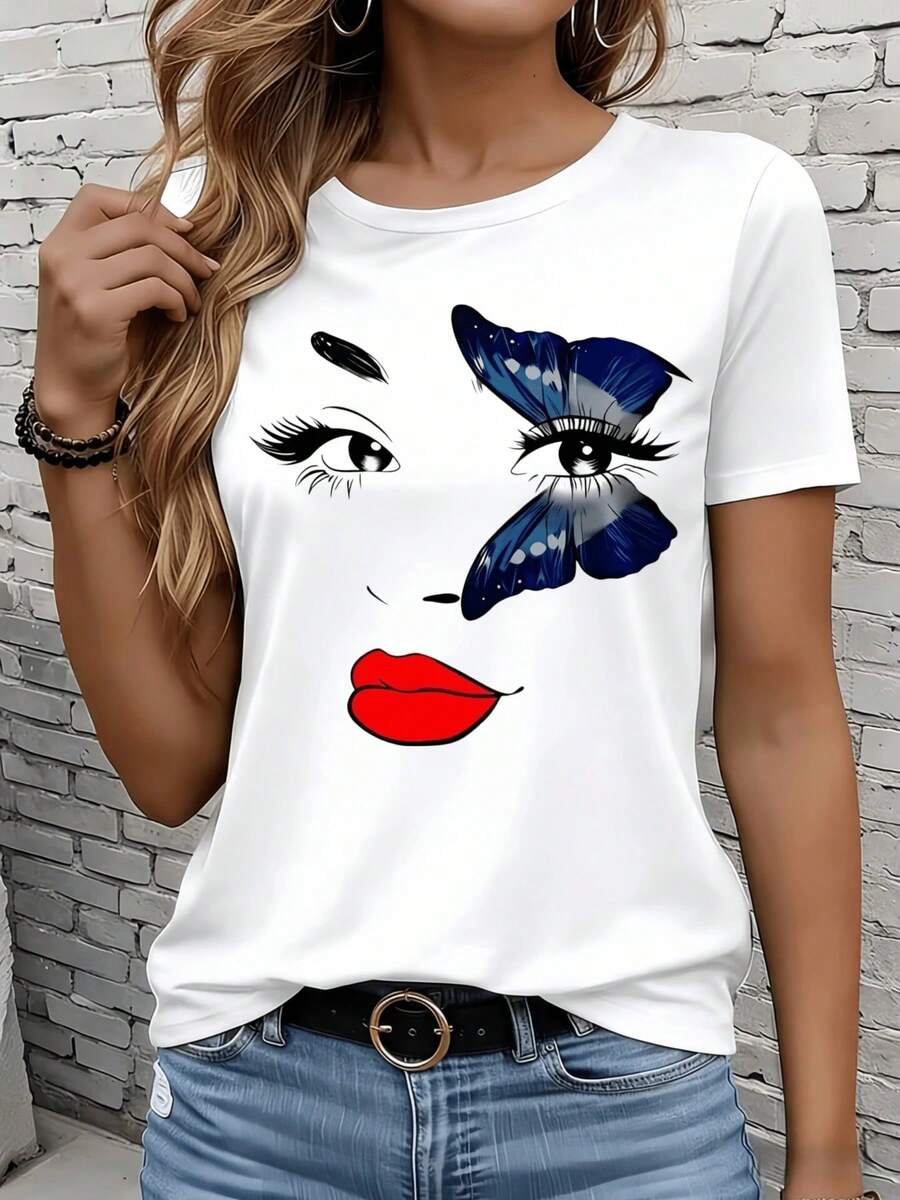 Women's Short-Sleeved T-Shirts In Black And White Are Suitable For Everyday Wear, Lounging At Home, And Outdoor Activities. This Butterfly Eye Print T-Shirt Is A Casual Top For Women, Perfect For Summer Wear, Parties, And Holidays. - 白色 - 查看 1
