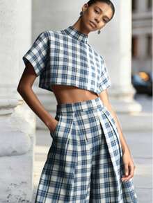 2026 New High Neck Short Sleeve Top And Wide Leg Pants Set, Cropped Outfit, Plaid Short Set, Stylish Casual Summer Matching Set, Suitable For Plus Size - Baby Blue - View 2