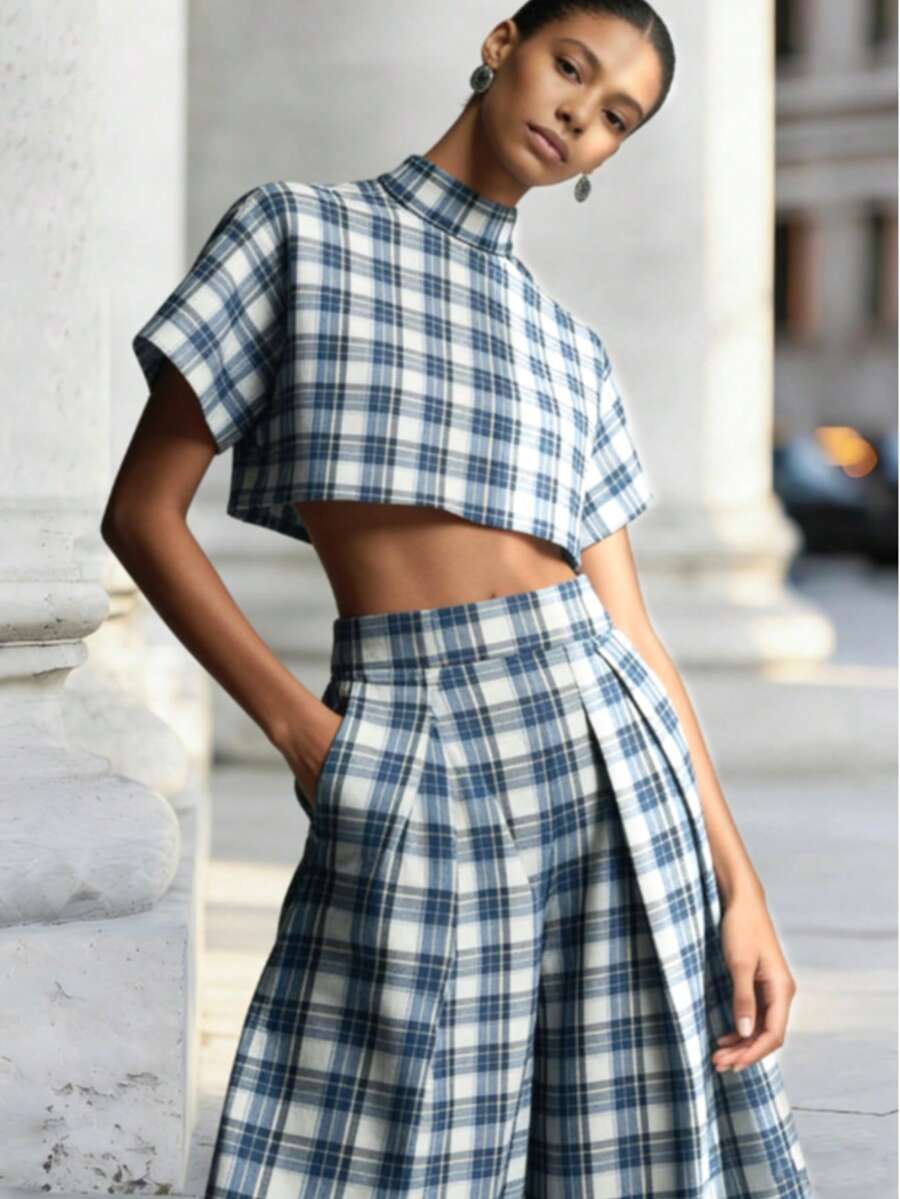 2026 New High Neck Short Sleeve Top And Wide Leg Pants Set, Cropped Outfit, Plaid Short Set, Stylish Casual Summer Matching Set, Suitable For Plus Size