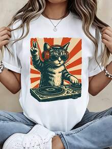 T-Shirt Women Casual Loose Fit Crew Cat Dj With Headphones And Sunglasses Playing Turntables Graphic Print Summer Streetwear Music Festival Outfit - 白色 - 查看 2