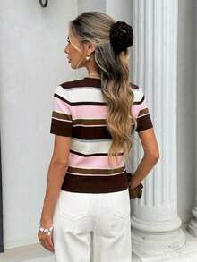 Top de punto a rayas para mujer , estilo casual holgado de manga corta y cuello redondo para verano, estilo preppy, cárdigan de manga corta a rayas marrones y azules, top de verano, estilo universitario americano, adecuado para uso diario, top de verano, para mujer en primavera. - Multicolor 4 - Ver 2