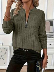 Women's Ribbed Knit Zip Up Top Solid Color Long Sleeve Slim Fit Casual Autumn Winter Sweater - Blue - View 6