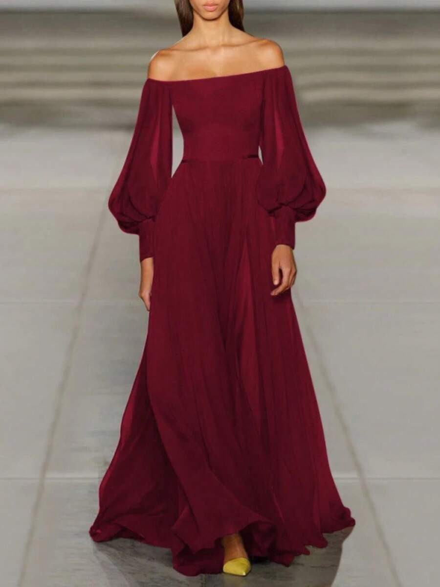 Fashionable Maxi Dress With Style, Sexy, Off-The-Shoulder And Casual - 酒紅色 - 查看 1