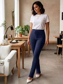 Women's Slim Fit Ribbed Knit Pants With High Waist And Adjustable Drawstring, Casual, Autumn/Winter Knitwear - Hijau Tentara - View 6