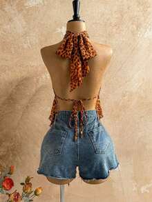 Blusa de mujer con encaje bordado, escote halter, espalda descubierta, tirantes con lazo, bajo fluido y elegante, adecuada para la playa, cruceros y resorts - Naranja - Ver 2