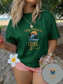 Camiseta de mujer manga corta 100% poliéster, cuello redondo, estampado romántico de letras y postres al estilo francés, estilo casual, lavable a máquina, verano 2026, ideal para viajes y uso diario - Verde Oliva - Ver 6