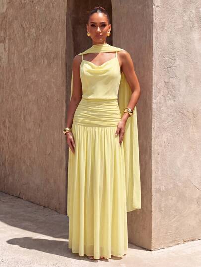 UNITHORSE Spaghetti Strap Sequin Ruched Waist Chiffon Elegant Evening Dress