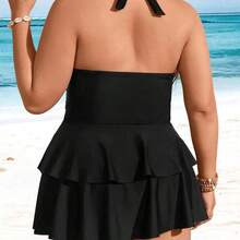 Swim Lushore Plus Size Solid Color V-Neck Ruffle Multi-Layer Hem Swimwear Dress Two Pieces Set, Fashionable Resort Style For Women For Summer Beach Vacation - Agua verde azul - Ver 3