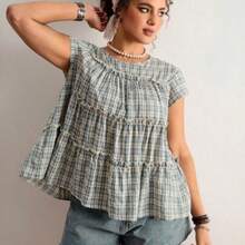 Freevana Plus Size Women's Vintage Peasant Casual Style | Blue And White Plaid Round Neck Sleeveless Tiered Ruffle Trim Babydoll Top - Sweet Loose Pullover Blouse - Azul - Ver 1