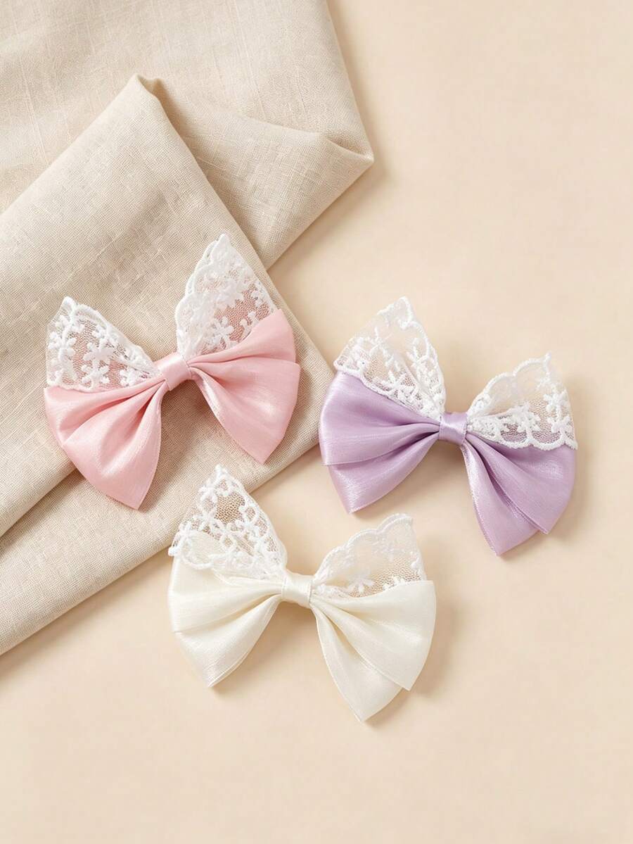 6pcs Girls' Crystal Tulle Lace Bow Fabric Hair Clips, Suitable For Daily Matching - Multicolor - View 1