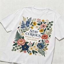 Playera Blanca con Frase Inspiradora "Stay Curious", Camiseta Holgada con Estampado de Flores, Estilo Aesthetic y Boho para Primavera/Verano.manga corta de algodón - Blanco - Ver 9