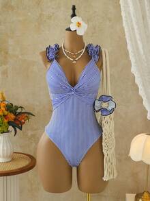 1 Stück gestreifter eleganter V-Ausschnitt verstellbare Spaghetti-Träger gekreuzte Brust Bindung Einteiliger Badeanzug mit Rüschensaum, Wassersport im Sommerurlaub am Strand - Verschiedenfarbig - Übersicht 6