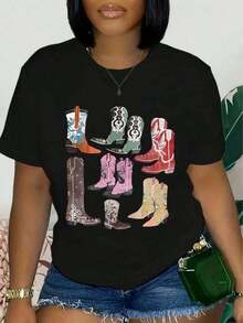 1 Piece Of Women's Retro Western Graphic Tee Featuring "Boots On The Ground" Design, Cowboy Boots And Hat, Vibrant Print, Casual Short Sleeves, Ideal For Travel, A  Festival Top, Comfortable Crew Neck Short Sleeve Tee For Casual Wear And Themed Events Or As A Gift. 180g 100% Cotton, All Designs Are Printed. Unisex. - 黑色 - 查看 1