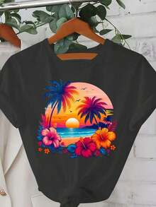 ModaModa1pcs Camiseta de talla grande para mujer con estampado tropical hawaiano - Corte ajustado, manga corta, cuello redondo, diseño vibrante de hibisco, palmera y atardecer en la playa - Ropa de playa transpirable para verano, ideal para fitness, vacaciones y uso casual - Lavable a máquina, color blanco TopcuteEstampadaEstampada - Negro - Ver 5