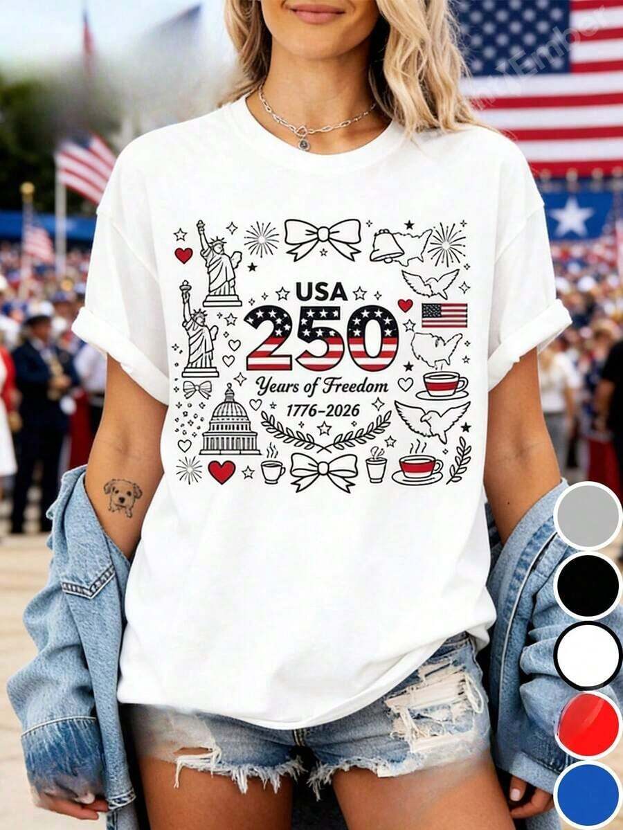 Men's Crew Neck T-Shirt 1% | US 25 Tee With Flirty Doodles, Red, White & Blue, Printed With 4th Of July Celebration Design, Classic Casual Fit Style, Multiple Sizes Loose Fit Unisex Casual & Everyday Style T-Shirt, Versatile For Spring Summer & Autumn - Vintage Street Style Unisex Loose Cotton Short Sleeve Crew Neck T-Shirt 100% Pure Cotton - 白色 - 查看 1
